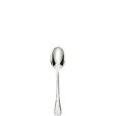 Silver teaspoon with elongated oval bowl and slender handle, featuring a faceted geometric detail at the terminal end, polished finish.