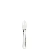 Silver parmesan fork, slender handle, stepped design, four polished tines, etched markings, lustrous finish, diffused lighting, white background.