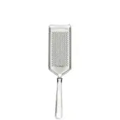 Silver parmesan grater, stainless steel, rectangular grating surface with circular holes and flared handle, embossed Williams Sonoma logo.