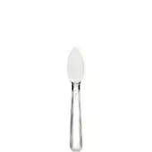 Stainless steel parmesan knife, teardrop blade, rectangular handle with ridged and stepped detailing, Zepter inscription, polished finish.