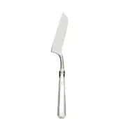 Silver cheese knife, stainless steel blade, curved design with ridged handle, Zafferano brand etching, studio product shot.