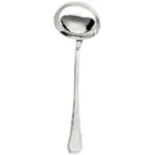 Silver ladle with polished bowl and slender, etched handle, studio shot on white background, reflective stainless steel material.