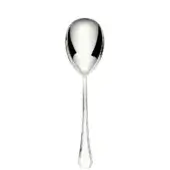 Silver serving spoon with oval bowl, polished reflective surface, and slender handle featuring a geometric etched detail.