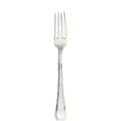 Silver serving fork with four tines, slender handle, and etched detailing against a white backdrop.
