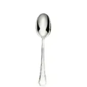 Silver serving spoon, polished stainless steel, elongated oval bowl with geometric handle detailing and a gently curved profile.