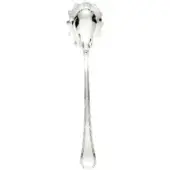 Silver spaghetti spoon, polished metal, scalloped bowl with perforations, slender hexagonal handle, studio product shot.