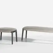 Exceptional Potocco Velis bench with fully padded seat in light gray textile or leather and solid Canaletto walnut frame