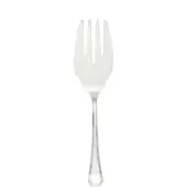 Silver fish server fork with three curved tines, shallow bowl, and faceted handle, displayed on a white background.