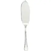Cake server knife, silver tone, curved blade with scalloped edge and slender faceted handle, polished reflective finish, studio shot.