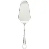Cake server, polished stainless steel, curved scalloped blade with geometric handle and subtle ridge for improved grip.