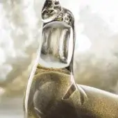 Chrome seal with gold accents displays a thumbs-up gesture against a blurred gold and white gradient backdrop, featuring subtle text inscription.