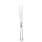 Silver carving fork with long, pointed tines and rectangular handle, featuring a polished metallic sheen against a white backdrop.