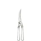 Poultry sheers with silvery-metallic finish, twisted rope handles, and stainless steel blades—one serrated—for precise cutting.