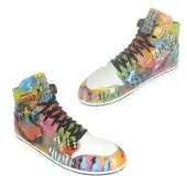 Sneaker sculptures, graffiti art, high-tops with black laces, layered yellow, orange, blue, purple, and green paint, Juliarte style.