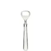 Silver bottle opener with ridged handle and rectangular base, featuring a polished metal finish and pivoting circular cap removal head.