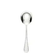 Silver soup spoon with rounded bowl and polished surface, featuring a slender handle tapering to a heart-shaped detail.