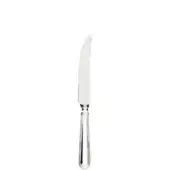 Stainless steel steak knife with curved blade, serrated edge, and ridged elongated handle, polished reflective finish.