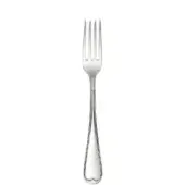 Silver table fork with four tines, slender handle, and heart-shaped base, displayed on a white background in studio lighting.