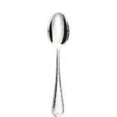 Silver table spoon, stainless steel, elongated design with oval bowl and heart-shaped handle, polished reflective finish, studio lighting.