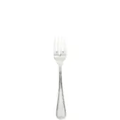 Silver fish fork with three tines, slender curved handle, engraved detailing, and teardrop base, polished metallic sheen.