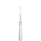 Silver lobster fork with elongated handle and heart-shaped base, three-pronged tip for extracting meat, studio shot on white.