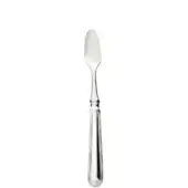 Silver shellfish knife with curved oval blade, ribbed elongated handle, and heart-shaped base, displayed on white background.