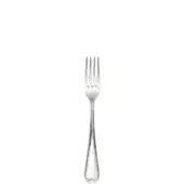 Silver fruit fork, stainless steel, four-tine design with heart-shaped handle and subtle fluted texture, polished reflective finish.