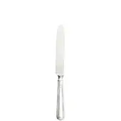 Silver fruit knife with curved blade, textured cylindrical handle, and circular plate connector, polished reflective surface.