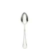 Silver fruit spoon, polished stainless steel, elongated oval bowl, heart-shaped handle, vertical ridged texture, bright metallic finish.