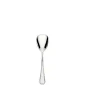 Silver ice cream spoon, stainless steel, rounded bowl with V-indentation, slender handle, polished reflective finish, studio lighting.