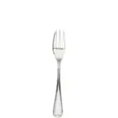 Silver dessert fork with curved tines, tapered handle, and heart-shaped end, displaying a polished reflective finish on a white background.