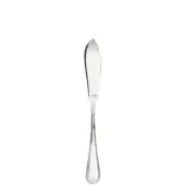 Silver dessert knife with curved blade, slender handle, and heart-shaped detail, polished reflective surface, symmetrical design.