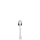 Silver coffee spoon, polished metal, elongated oval bowl, heart-shaped handle, isolated studio shot on white background.