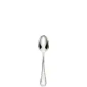 Silver teaspoon with polished oval bowl and tapered handle, centered on a white background, minimalist formal tableware.