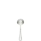 Silver cheese spoon with scalloped bowl and radiating indentations, slender handle, polished reflective finish, classic elegant design.