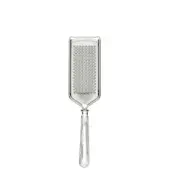 Stainless steel parmesan grater with rectangular curved surface, twisted handle, and polished metallic finish; Zyliss brand embossed.