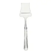 Parmesan cheese slicer, silver-toned metal, rectangular blade with curved neck and ribbed elongated handle, polished reflective finish.