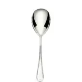 Silver rice serving spoon, oval bowl, polished metal, slender handle tapering to a heart-shaped end, reflective surface, white background.