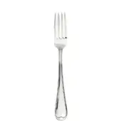 Silver serving fork with four rounded tines, curved handle, and heart-shaped indentation, studio shot on white background.