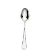 Silver serving spoon with polished oval bowl and heart-shaped handle, displayed on a white background with diffused lighting.