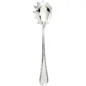 Silver spaghetti serving spoon, polished metal, rounded bowl with scalloped edges and heart-shaped handle, isolated product shot.