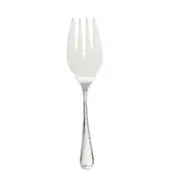Silver serving fork with three curved tines, broad scoop, slender handle, heart-shaped base, polished stainless steel finish.
