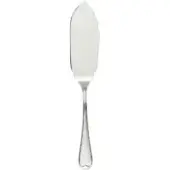 Cake server knife, silver-toned metal, curved blade with scalloped edge and teardrop handle, polished finish, classic formal design.