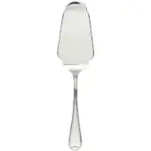 Silver cake server with curved blade, slender handle, and heart-shaped detail, presented on a white background.