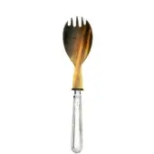 Serving fork with natural horn bowl and silver handle, featuring three tines, curved shape, and heart-shaped finial.