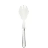 Silver serving fork with translucent plexiglass bowl, featuring ribbed handle and curved tines against a white backdrop.