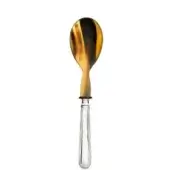 Horn serving spoon with polished silver fluted handle, featuring amber and brown mottled bowl, curved shape, and rounded finial.