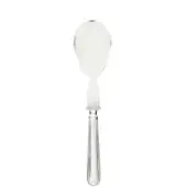 Serving spoon with clear plexiglass bowl and silver-toned ribbed handle, classic design, polished metal, reflective sheen, white background.