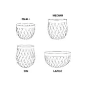 Canaria storage baskets, woven texture, four sizes—small, medium, big, large—white background, geometric pattern, light-colored rims.