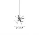 Round pendant light, black wireframe, starburst design with looped details, Ø15”3/4, technical line drawing on white background.